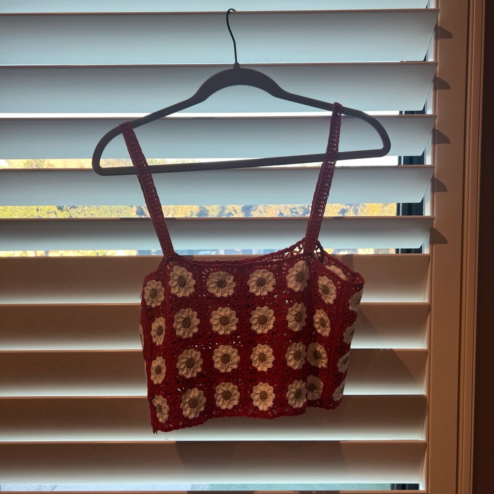 Red Floral Crochet Women's Top
